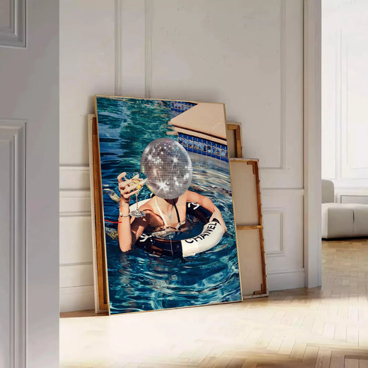 retro vibes Disco Swimming Pool Poster vibrant brown green hues unique wall art ideal gift splash style space perfect size A4 cm A0