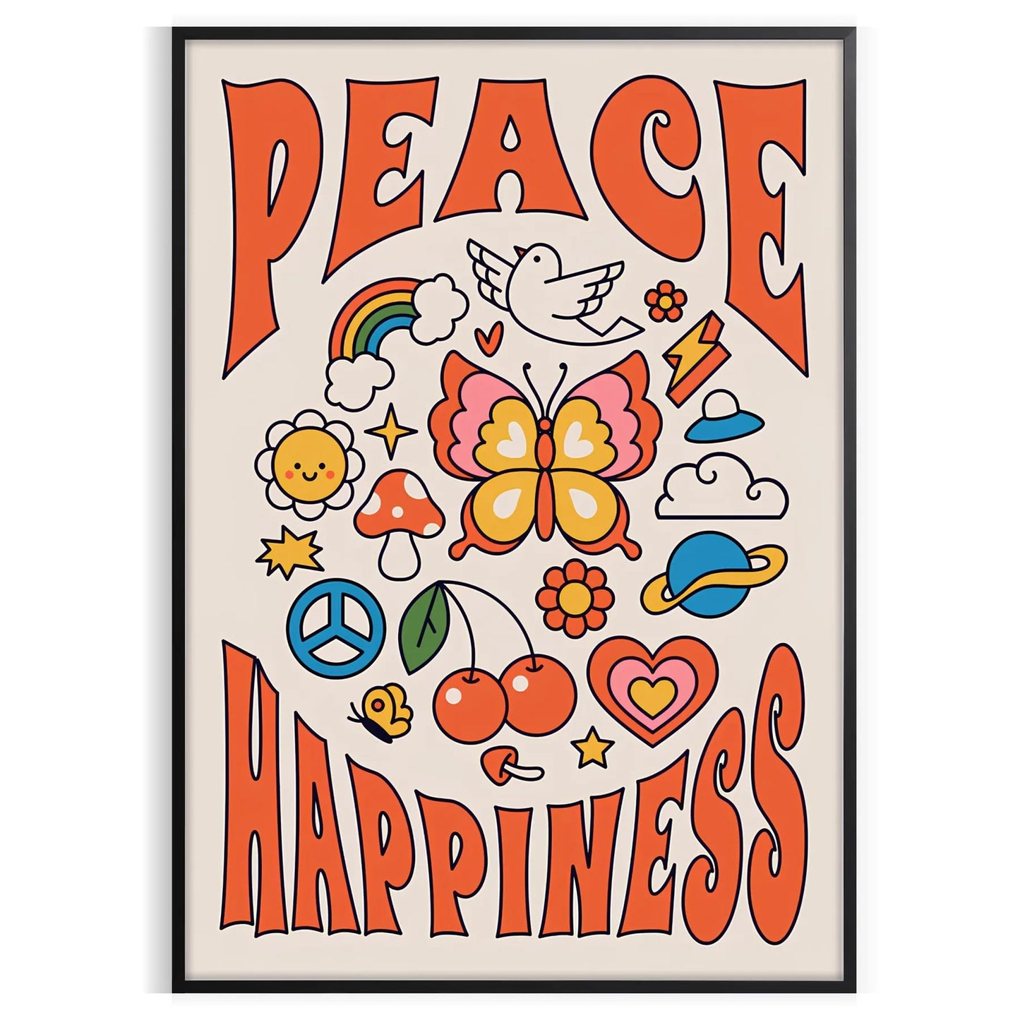 vibe Peace Happiness poster groovy wall art bold black vibrant orange striking statement gift space eye artwork available