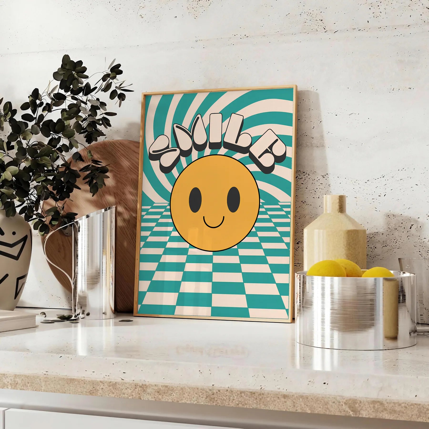 space Smiler Groovy Art Poster vibrant orange black hues eye wall perfect retro vibe room unique gift collection A4 large format A0