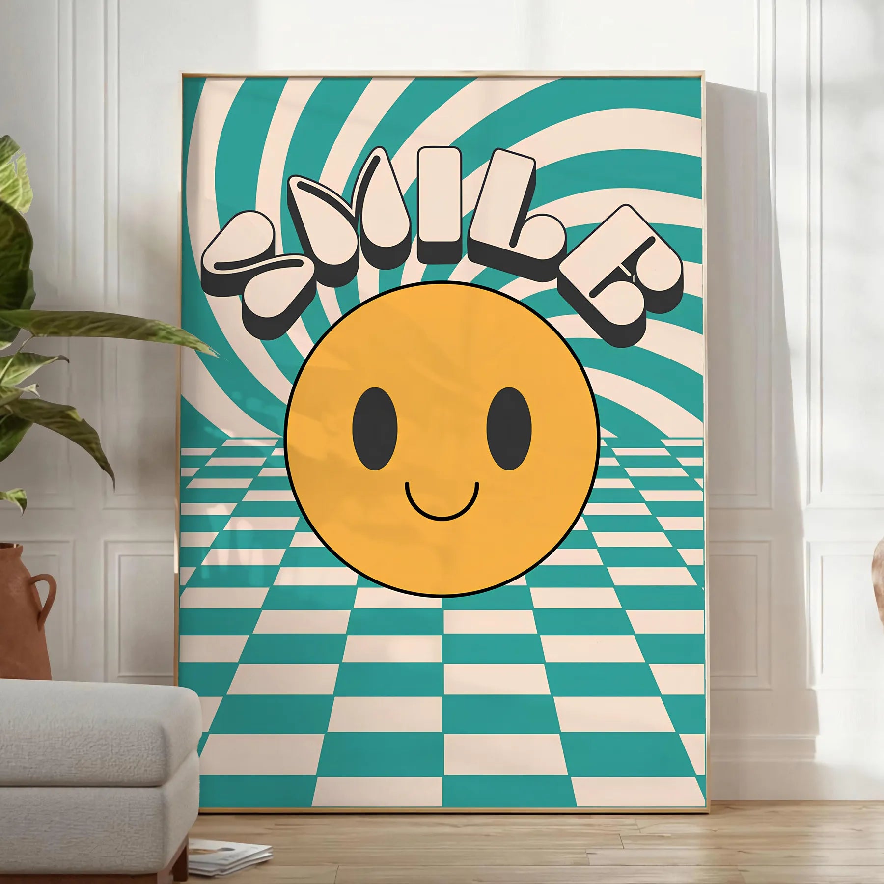 space Smiler Groovy Art Poster vibrant orange black hues eye wall perfect retro vibe room unique gift collection A4 large format A0