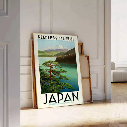serene Japan captivating Mount Fuji poster tranquil green gray hues wall art unique gift artwork touch Far East space print sizes A4 cm A0