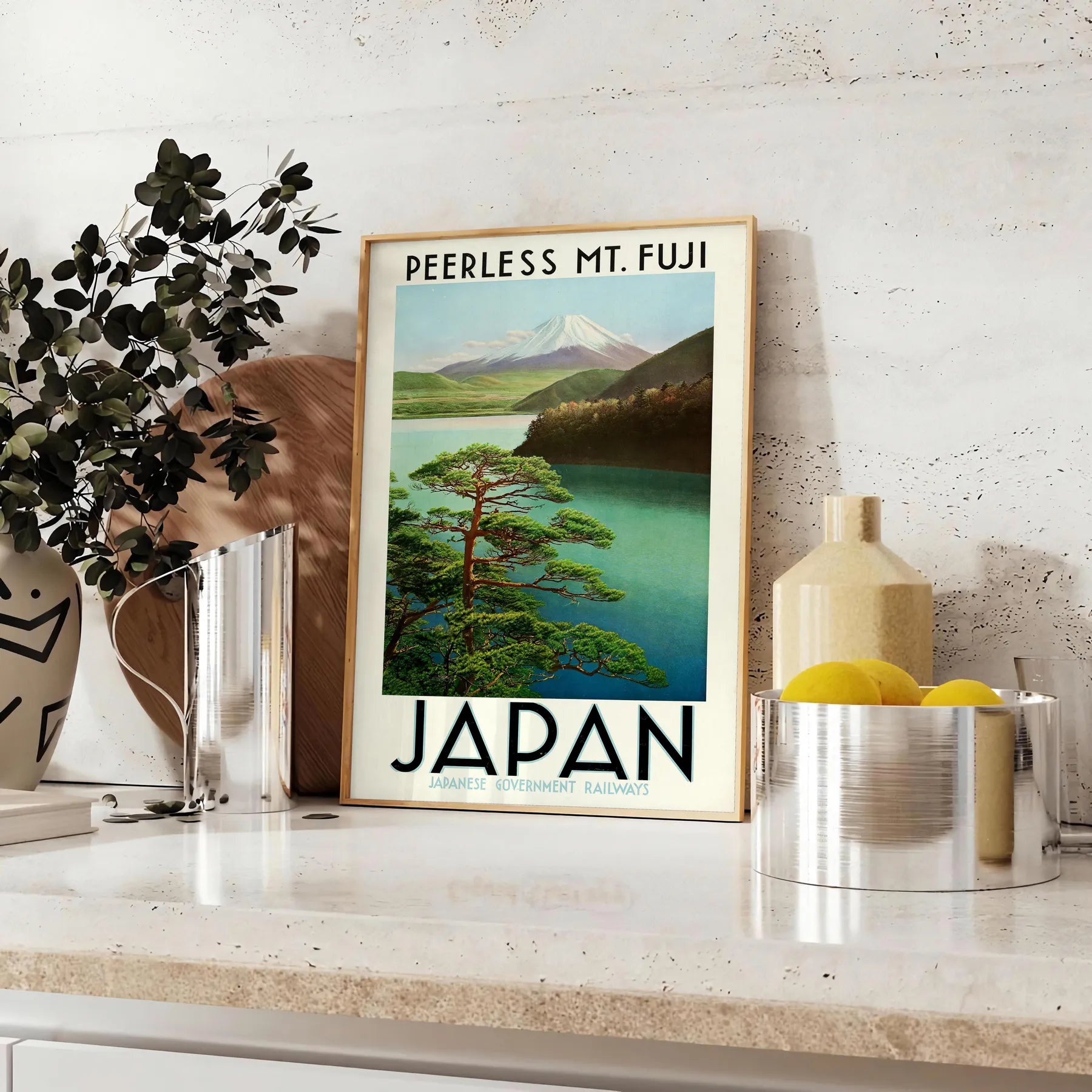 serene Japan captivating Mount Fuji poster tranquil green gray hues wall art unique gift artwork touch Far East space print sizes A4 cm A0