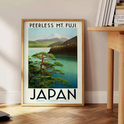 serene Japan captivating Mount Fuji poster tranquil green gray hues wall art unique gift artwork touch Far East space print sizes A4 cm A0