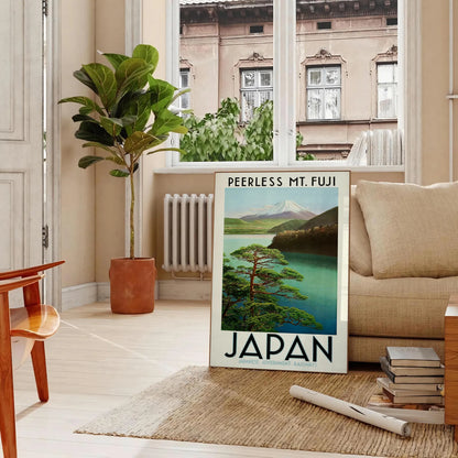 serene Japan captivating Mount Fuji poster tranquil green gray hues wall art unique gift artwork touch Far East space print sizes A4 cm A0