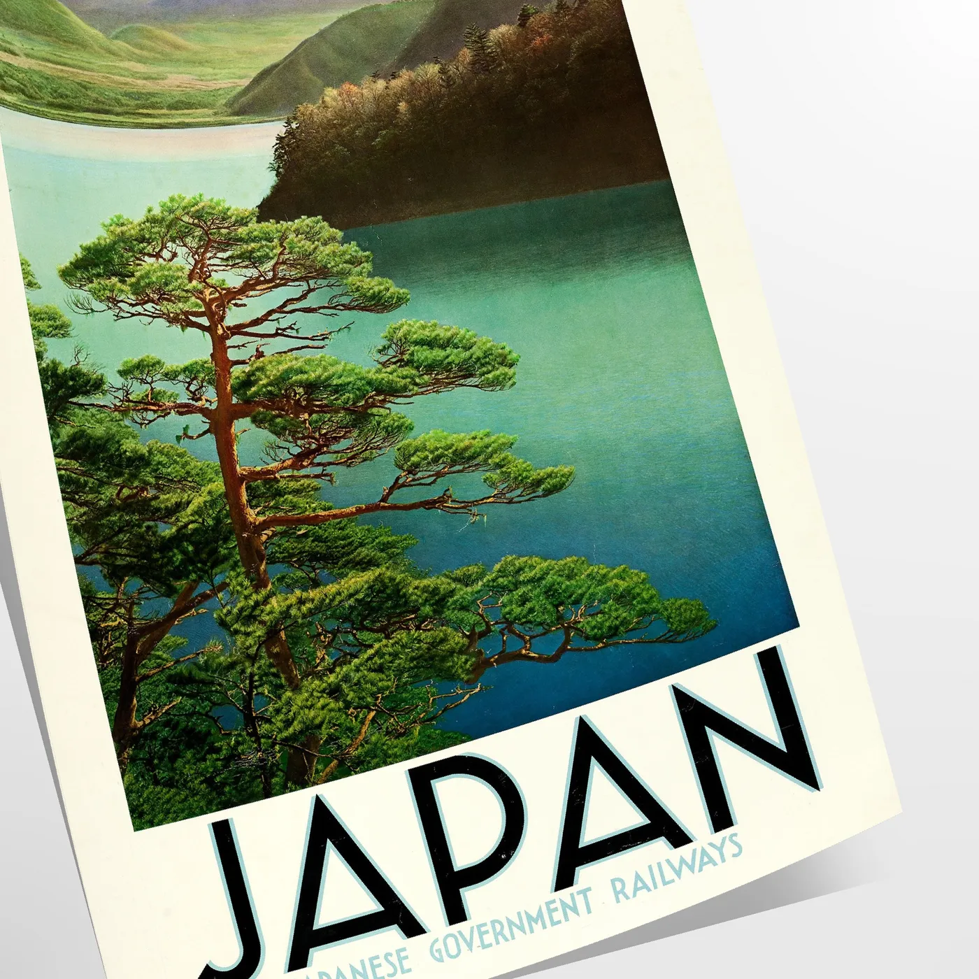 serene Japan captivating Mount Fuji poster tranquil green gray hues wall art unique gift artwork touch Far East space print sizes A4 cm A0