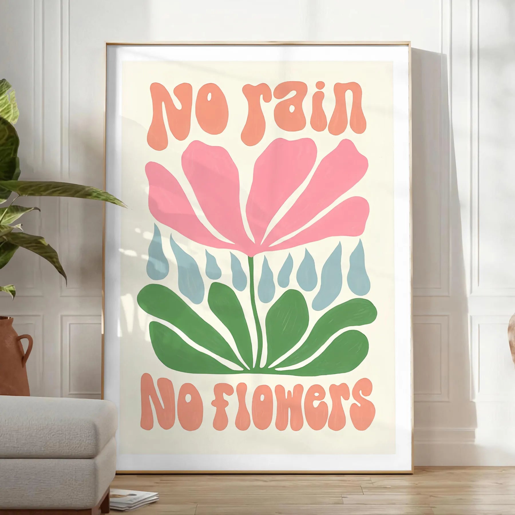 space No Rain Flowers groovy poster vibrant brown green hues wall art thoughtful gift flower market artwork touch nature indoors diverse sizes A4 A0 cm