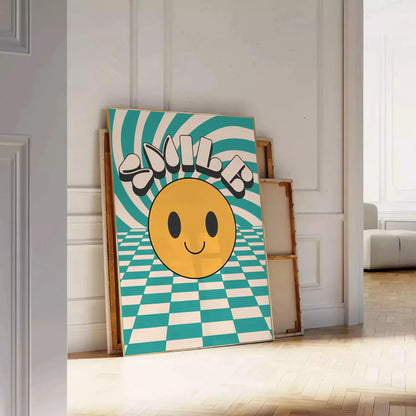 space Smiler Groovy Art Poster vibrant orange black hues eye wall perfect retro vibe room unique gift collection A4 large format A0