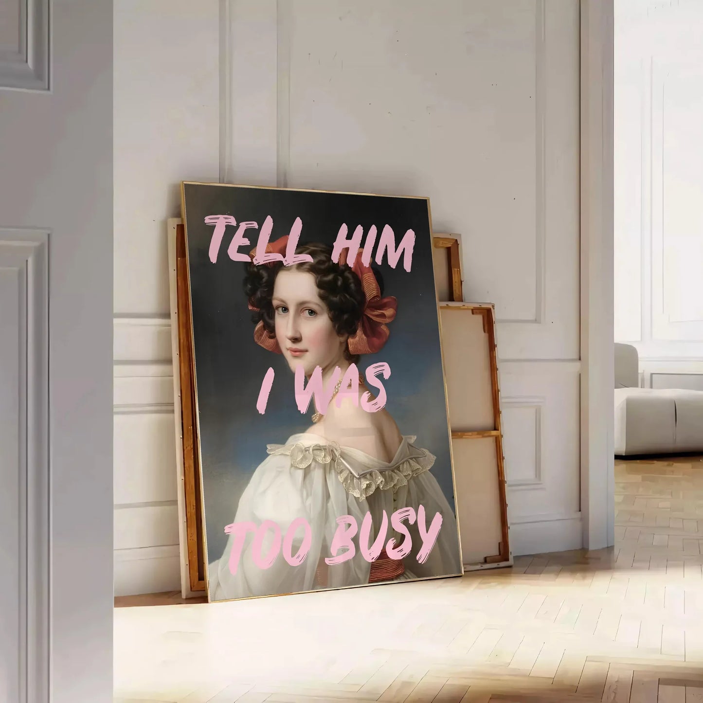 decor Tell Him I Was Too Busy poster vibrant green orange hues wall art thoughtful gift eye print personality space range sizes A4 cm A0